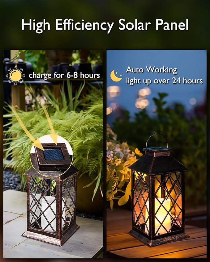 Homemory Solar Lanterns Outdoor Waterproof Hanging with Flickering Flameless Candles, 2 Pack 13'' Garden Outdoor Lantern Decorative for Patio Front Porch Backyard Balcony Cabin Outside(Antique Copper)-Ruum Studio Home