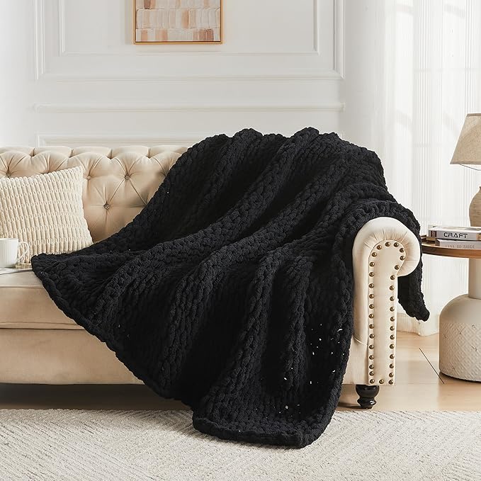Carriediosa Chunky Knit Throw Blanket 60" X 80" Twin, 100% Hand Made Large Chenille Loop Yarn Soft Fluffy Throws for Couch Sofa Bed, Big Crochet Cozy Heavy Thick Cable Woven Blankets, Black-Ruum Studio Home