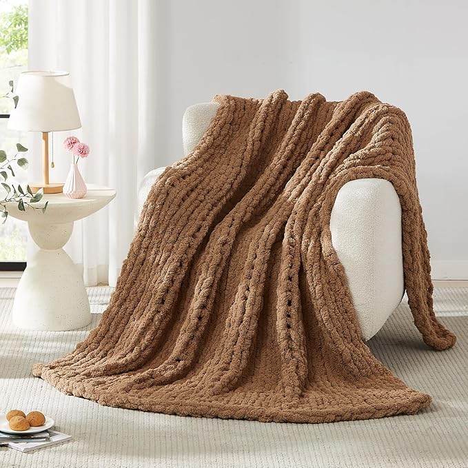 L'AGRATY Chunky Knit Blanket Throw: 72''x84'' Chenille Chunky Knitted Throw Blanket for Bed Couch - Handmade Thick Big Cable Knit Blanket - Large Chunky Crochet Rope Blanket for Home Decor(Brown)-Ruum Studio Home