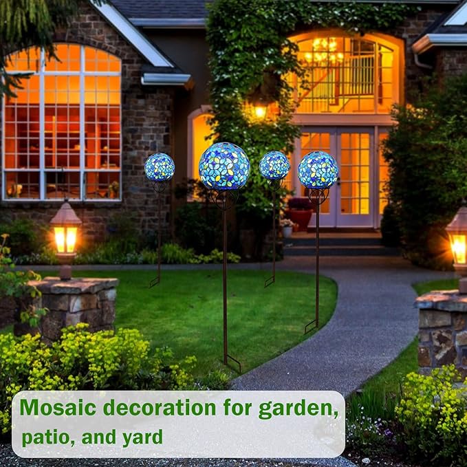 Solar Lights Outdoor Decorative, Solar Gazing Ball Mosaic Garden Stakes Decorative Waterproof Outdoor Lights for Pathway Yard Lawn Decoration (Blue)-Ruum Studio Home