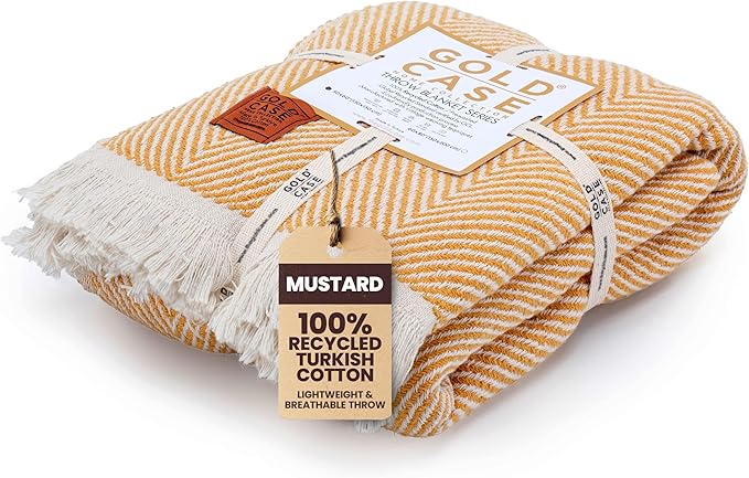 Gold Case Throw Blanket for Couch – 100% Recycled Turkish Cotton Blankets & Throws – Elegant Decorative Throw Blankets for Living Room Sofa – Woven Throws for Couch – Elegant Mustard – 60x80-Ruum Studio Home