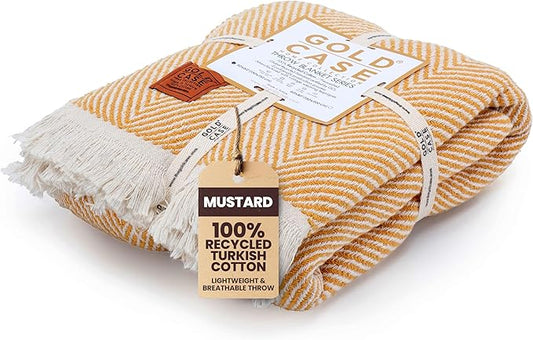Gold Case Throw Blanket for Couch – 100% Recycled Turkish Cotton Blankets & Throws – Elegant Decorative Throw Blankets for Living Room Sofa – Woven Throws for Couch – Elegant Mustard – 60x80-Ruum Studio Home