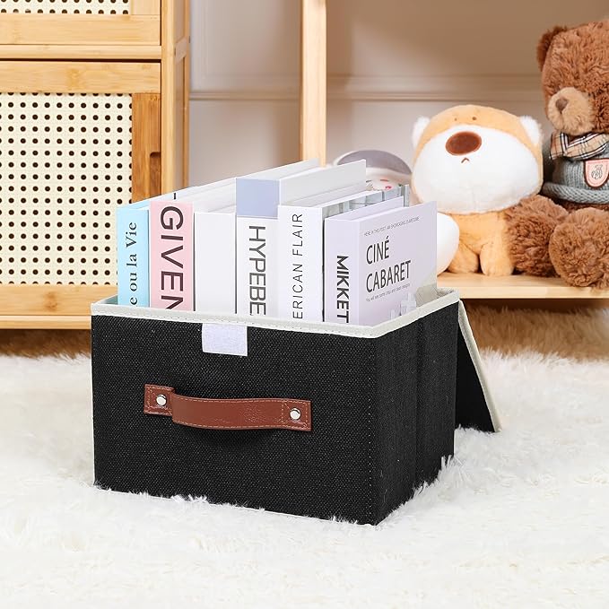 ANMINY Storage Bin with Lid Storage Boxes with PU Leather Handles PP Plastic Board Decorative Foldable Lidded Cotton Linen Fabric Home Cubes Baskets Closet Organizer Container - Black, Small Size-Ruum Studio Home