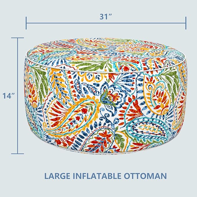 LVTXIII Indoor/Outdoor Inflatable Ottoman, D31 x H14 Inch Large Round Ottoman, All Weather Foot Rest Stool, Portable Footrest for Patio, Garden, Camping and Home - Paisley Multi-Ruum Studio Home