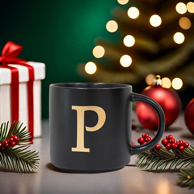 COLLECTIVE HOME - Monogram Ceramic Mugs, 15 oz Golden Initial Black Coffee Cups, Elegant Alphabet Tea Mugs, Elegant Personalized Mug with Gift Box, Unique Mug with Double Side Capital Lette (P)-Ruum Studio Home