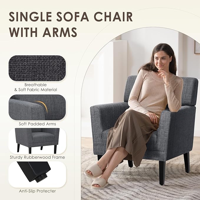 COLAMY Accent Chair Set of 2 for Living Room, Modern Upholstered Fabric Accent Armchair with Back, Soft Single Sofa Chair with Arms for Bedroom/Office/Reception Room, Dark Grey-Ruum Studio Home
