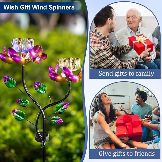 Solar Wind Spinners Pink Twin Flowers for Yard and Garden, Solar Windmill Garden Whirligig Kinetic Spinners Decor for Lawn, Patio, Yard, Metal Wind Outdoor Sculpture-Ruum Studio Home