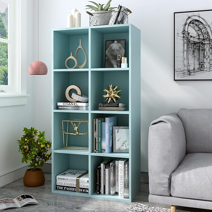 8-Cube Storage Shelf Bookcase - Wooden 4-Tier Floor Standing Open Bookshelf, Modern TV Stand up to 55 Inchs for Home and Office, Light Blue-Ruum Studio Home