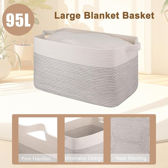 OIAHOMY 95L Blanket Basket, 24”x17”x14”, Large Woven Baskets for Storage, Nursery Cotton Rope Basket with Handle, Living Room, Nursery, Bedroom,Toy Baskets Organizer Bins, Black and White-Ruum Studio Home