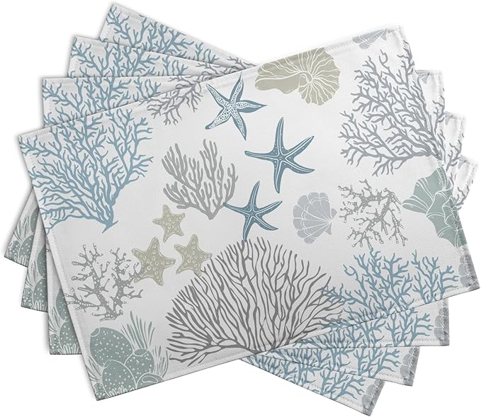 Summer Linen Placemats Set of 4 Nautical Coastal Theme Washable Non-Slip Heat Resistant Table Place Mat 12×18 Inch Ocean Beach Blue Grey Coral Starfish Place Mats for Kitchen Dining Table-Ruum Studio Home