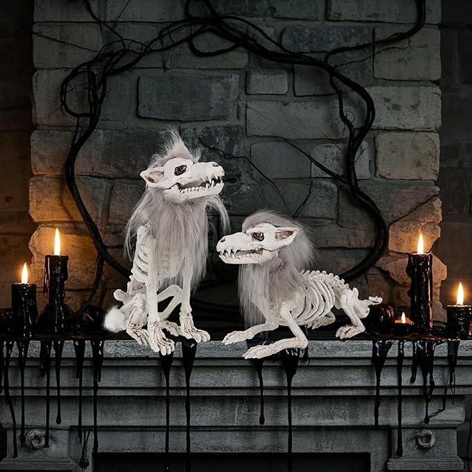 DR.DUDU 2 Pack Halloween Skeleton Wolf Decorations, Life Size Animals Skeletons Poseable Halloween Decor Plastic Bones with Hair Wolf Skull Figurines for Table Yard Lawn Party Props Décor-Ruum Studio Home
