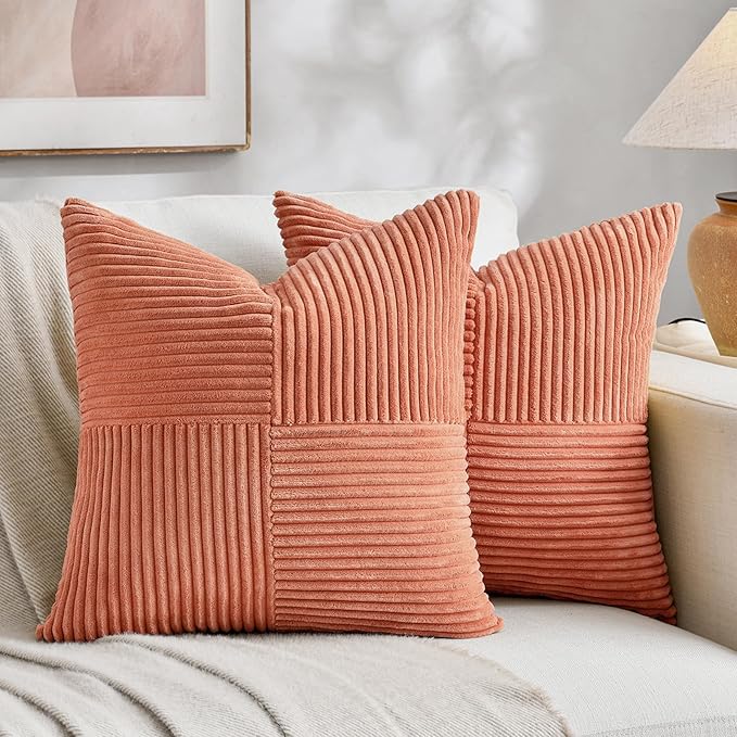 Fancy Homi 2 Packs Coral Decorative Throw Pillow Covers 18x18 Inch for Living Room Couch Bed, Rustic Farmhouse Boho Home Decor, Soft Corss Corduroy Patchwork Textured Peach Cushion Case 45x45 cm-Ruum Studio Home