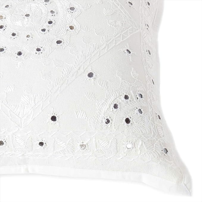 Eyes of India Embroidered Decorative Boho Throw Pillow Cover with Mirrors, Handmade Bohemian Accent Cushion Case for Sofa Couch Bedroom Living Room (White, 16" x 16")-Ruum Studio Home