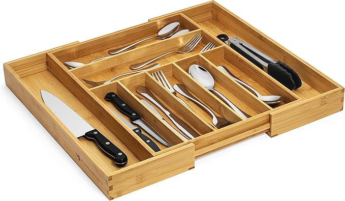 Bamboo Drawer Organizer, 2 Pack - Expandable Silverware Organizer & Utensil Drawer Organizer, Cutlery Tray with Dividers, 7-9 Slots- Premium Kitchen Organizer for Utensils & Flatware (Natural)-Ruum Studio Home