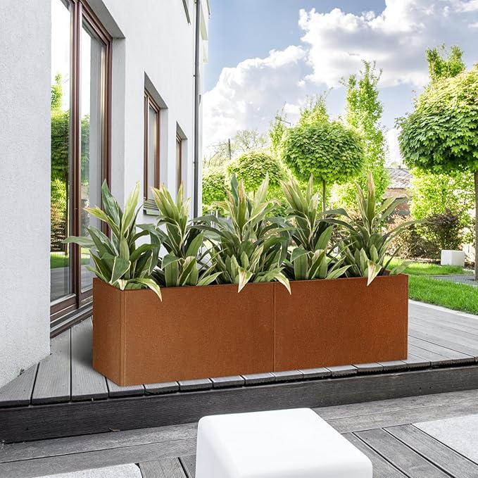 Corten Steel Corner Metal Planter Box Garden Steel Planter Pot for Patio Modern Farmhouse Rustic Design (L36 x W12 x D16, Rusted)-Ruum Studio Home