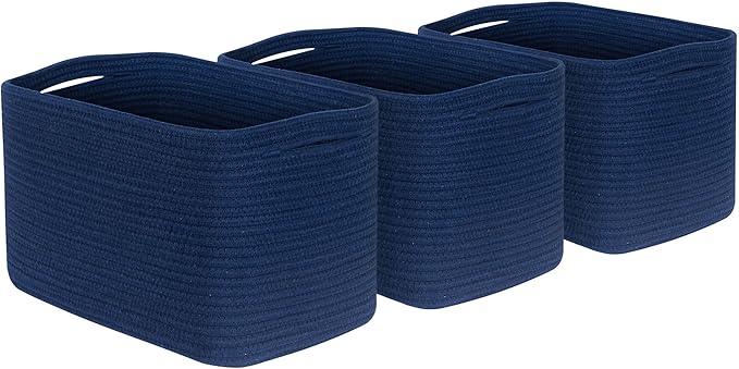 MINTWOOD Design 3-Pack Decorative Woven Storage Baskets for Shelves, Cube Bin Box for Organizing Books, Shoes, Dog Toys, Pantry Closet and Living Room Organizer, Navy Blue-Ruum Studio Home