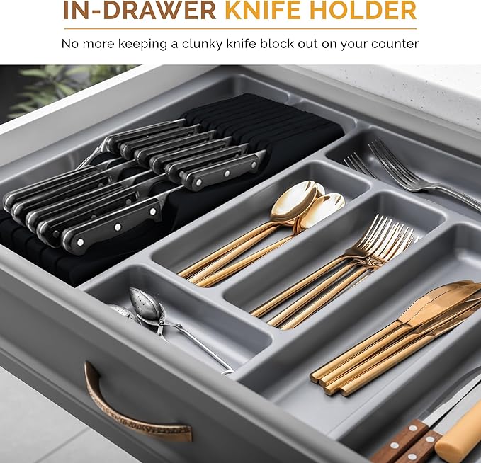 In-Drawer Knife Block - Bamboo Knife Drawer Organizer for Kitchen - Fits 5 Long + 6 Short Knives | Store Knives with Blades Pointing Down - Wooden Steak knife Holder without Knives (Black)-Ruum Studio Home
