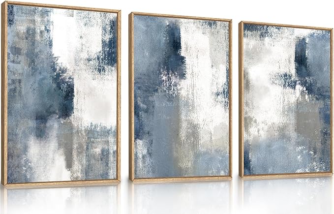 LHIUEM Large Abstract Brush Strokes Framed Canvas Wall Art Set,Navy Blue and Gray Wall Decor,Modern Color Block Shape Artwork,Minimalist Neutral Blue Printing for Living Room,Bedroom, Office-16''x24''x3-Ruum Studio Home