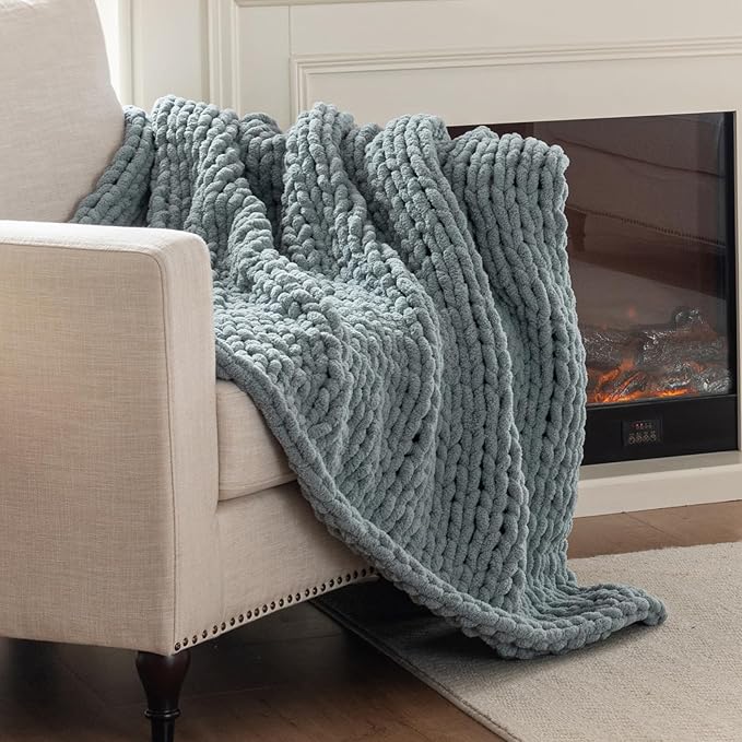 Chunky Knit Blanket Throw, 100% Hand Knit Throw Blanket Handmade Chenille Cable Knit Throw for Couch, Stylish Cozy Soft Rope Knot Crochet Blanket for Home Decor, Chambray Blue, 50x60 Inches-Ruum Studio Home