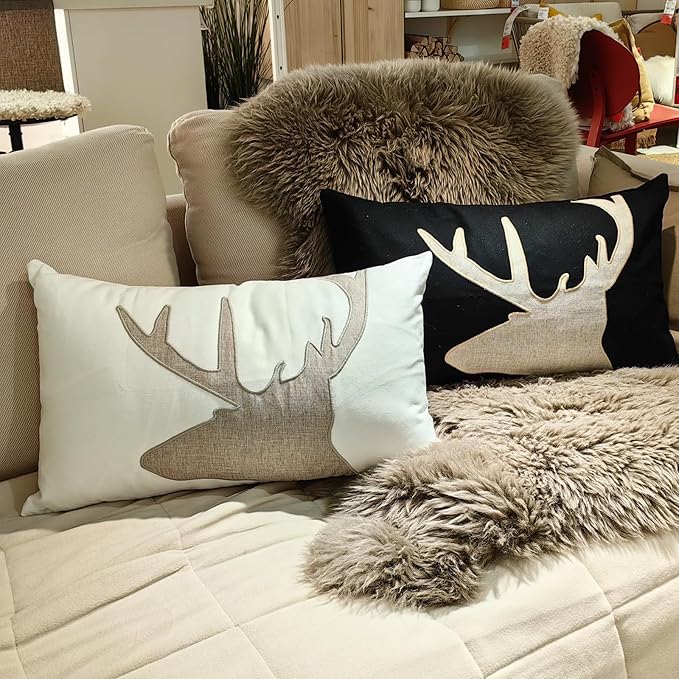 Lumbar Pillow Covers 12x20 Inches Deer Decorative Cotton Linen Deer Head Throw Lumbar Waist Embroidered Cushions Covers for Couch Sofa Bedroom White-Ruum Studio Home