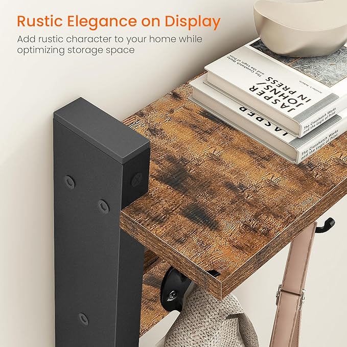 Homode Wall Hooks with Shelf, Wood Coat Rack with Shelf Wall-Mounted, Entryway Hanging Shelves with 5 Metal Hooks for Clothes Hats Towel Purse Robes, Bathroom Mudroom Bedroom, Rustic Brown Black-Ruum Studio Home