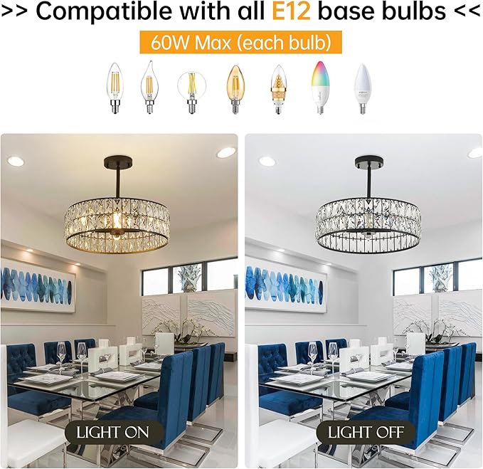16” 4-Light Modern Crystal Chandeliers Black Dinning Room Light Fixture with Two Rods, Round Pendant Light Kitchen Island Chandelier, Flush Mount Ceiling Light for Living Room Entryway-Ruum Studio Home