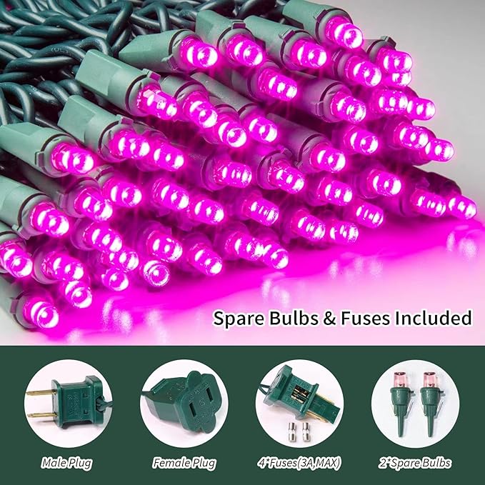 Pink Wide Angle LED String Lights, 64.8 Ft 300 Count, Pack of 3 Strands 21.9 Ft 100 Lights UL Certified Commercial Grade Green Wire 5mm Holiday String Light-Ruum Studio Home