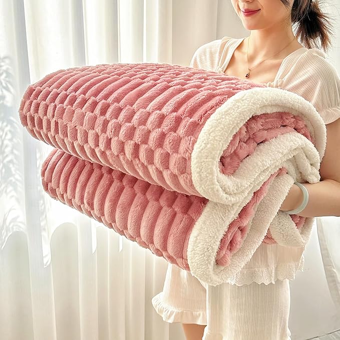 UKELER Pink Sherpa Throw Blanket 60 × 80 inch, 470 GSM Striped Sherpa Fleece Blankets for All Season, Warm and Cozy Blanket for Couch Sofa Bed Office Camping-Ruum Studio Home