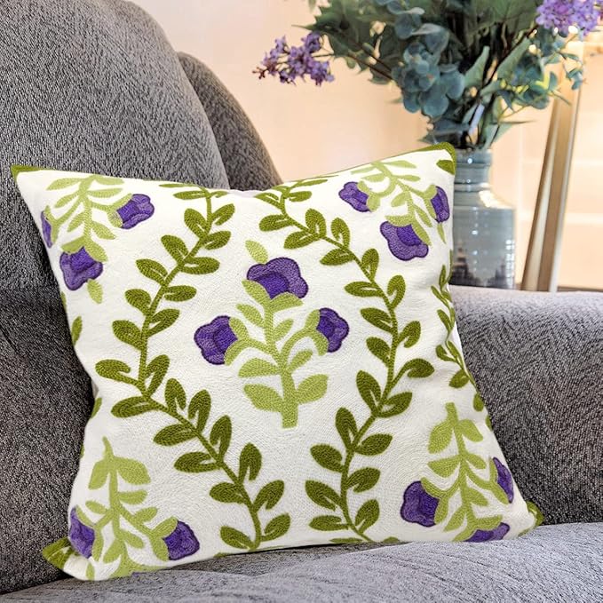 Alysheer Floral Embroidered Spring Decorative Throw Pillow Cover 18"x 18", Farmhouse Cottage Purple Flowers Green Leaves Knit Pattern Cotton Canvas Cushion Case for Sofa Couch Bed Living Room Decor-Ruum Studio Home
