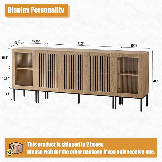 Farmhouse TV Stand for TVs up to 85 Inch, Entertainment Center TV Console with Storage Cabinets and Glass Doors, Media Console for Living Room,Oak-Ruum Studio Home