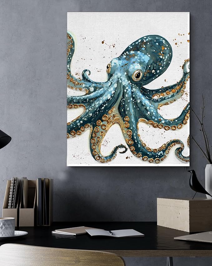 Nautical Octopus Canvas Wall Art Octopus Ocean Theme Print Poster Coastal Framed Picture Painting for Home Beach House Bedroom Wall Decor 8x10 Inch-Ruum Studio Home