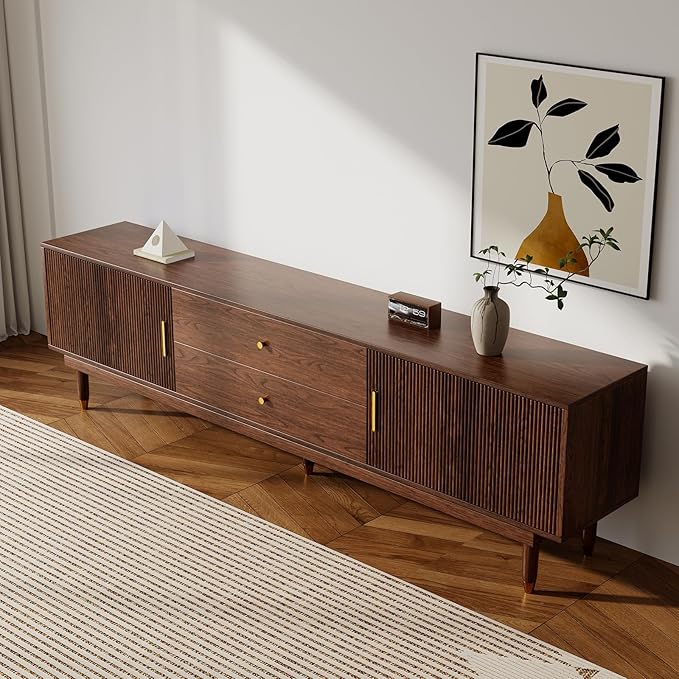 Mid Century Modern TV Stand for 75 inch TV, 78.7" Walnut TV Console with 2 Storage Cabinet & 2 Drawers, Entertainment Center, Media Console for Living Room/Bedroom-Ruum Studio Home