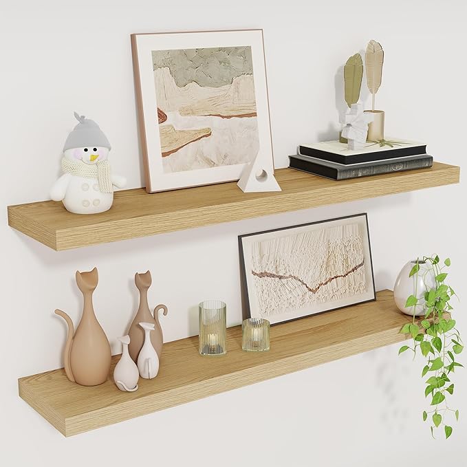 Fun Memories 30" Rustic Wood Deep Floating Shelves for Wall, Invisible Brackets for Decor & Storage, Living Room, Bathroom (Oak, Set of 2)-Ruum Studio Home