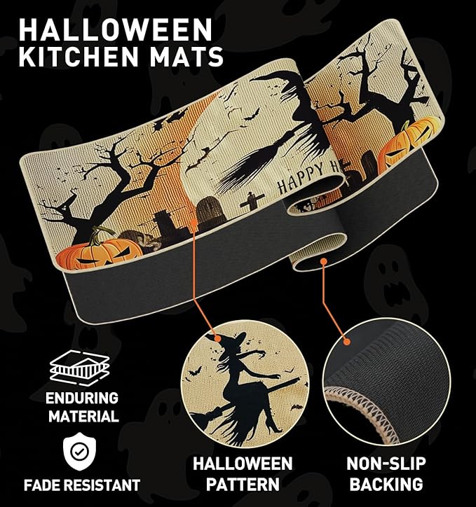 Halloween Kitchen Mat Set of 2, Spooky Witch Pumpkin Cat Halloween Kitchen Decor, Halloween Rug for Floor, Indoor Spooky Home Decor with Non-Slip Backing,17 x 29 Inch & 17 x 47 Inch-Ruum Studio Home