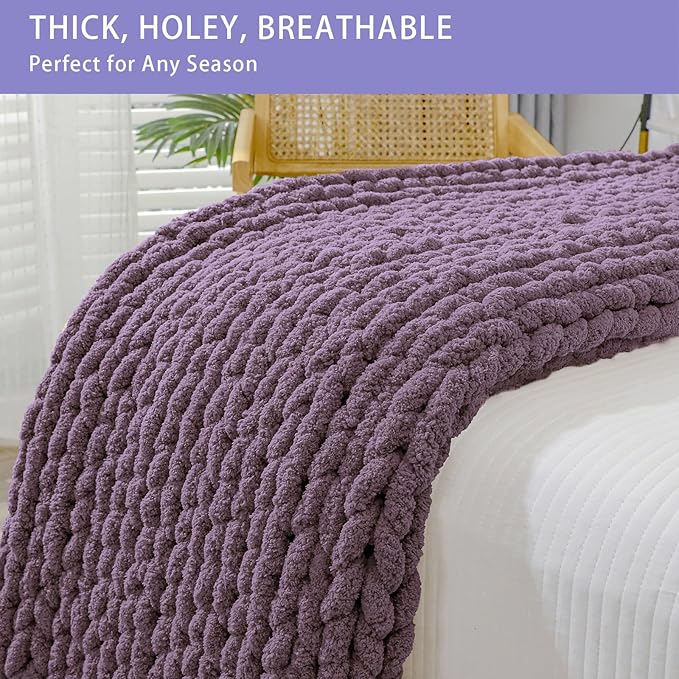Bigacogo Chunky Knit Throw Blanket for Couch, 40x60 inches, 100% Hand Knitted with Thick Jumbo Chenille Yarn, Cozy Soft Large Rope Knot Cable Crochet Blankets for Sofa Bed Living Room, Winter Grape-Ruum Studio Home