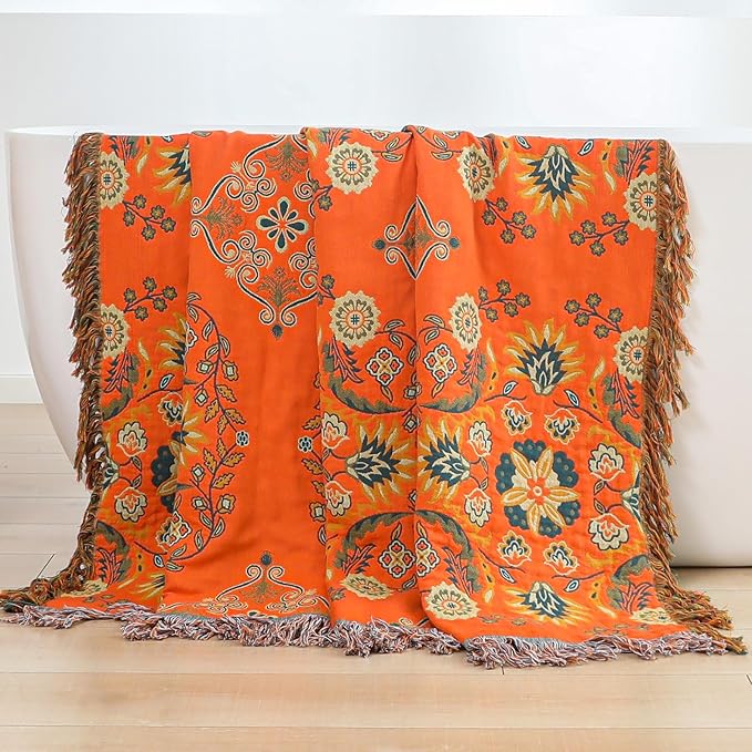 Throw Blanket for Couch Bed Chair,100% Cotton Soft Lightweight Blanket Rustic Quilt -Orange Floral Printed Farmhouse Decor Bed All Season Blankets,90"×98"-Ruum Studio Home