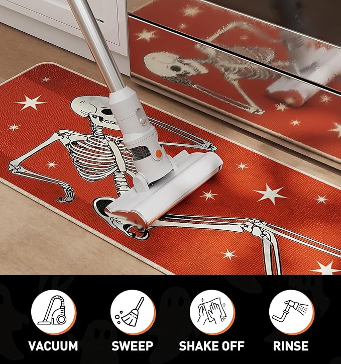 Halloween Kitchen Mat Set of 2, Spooky Skeleton Gothic Halloween Kitchen Decor, Halloween Rug for Floor, Indoor Spooky Home Decor with Non-Slip Backing,17 x 29 Inch & 17 x 47 Inch-Ruum Studio Home