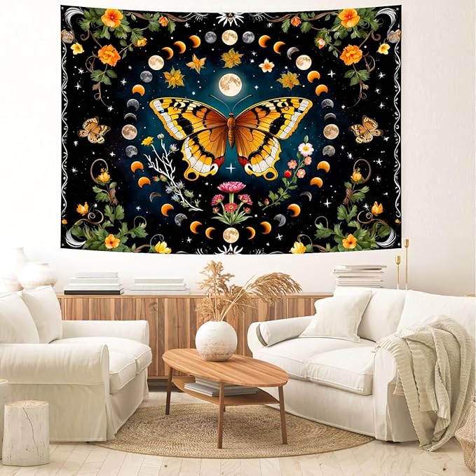 Delur Butterfly Moon Flower Tapestry Botanical Floral Plant Boho Tapestry Wall Hanging Mandala Aesthetic Mushroom Retro Vintage Headboard for Bedroom Living Room Home Decor (51.2" x 59.1")-Ruum Studio Home