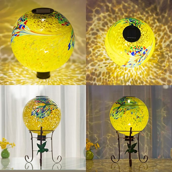 10" Diameter Solar Gazing Ball and 8.5" Metal Stand Indoor Outdoor Glass Globe Sphere Yard Art Ornament Solar Gazing Balls for Garden,Lawn,Porch,Patio Gardening Gift for Women(Yellow)-Ruum Studio Home