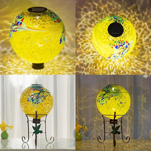 10" Diameter Solar Gazing Ball and 8.5" Metal Stand Indoor Outdoor Glass Globe Sphere Yard Art Ornament Solar Gazing Balls for Garden,Lawn,Porch,Patio Gardening Gift for Women(Yellow)-Ruum Studio Home