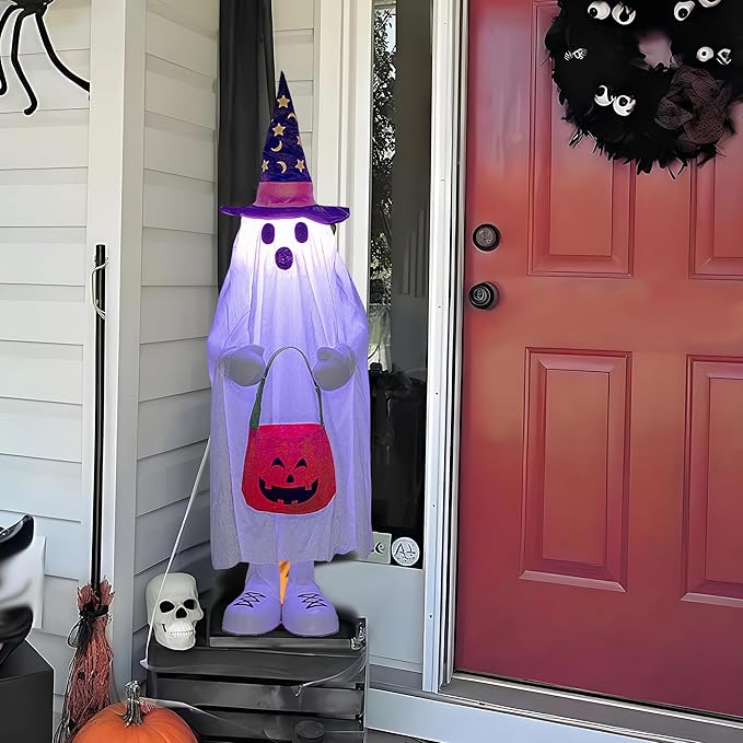 37" Cute Front Porch Light Up Halloween Ghost Décor, Kids Standing Trick or Treat Indoor and Outdoor Decorations-Star Moon-Ruum Studio Home