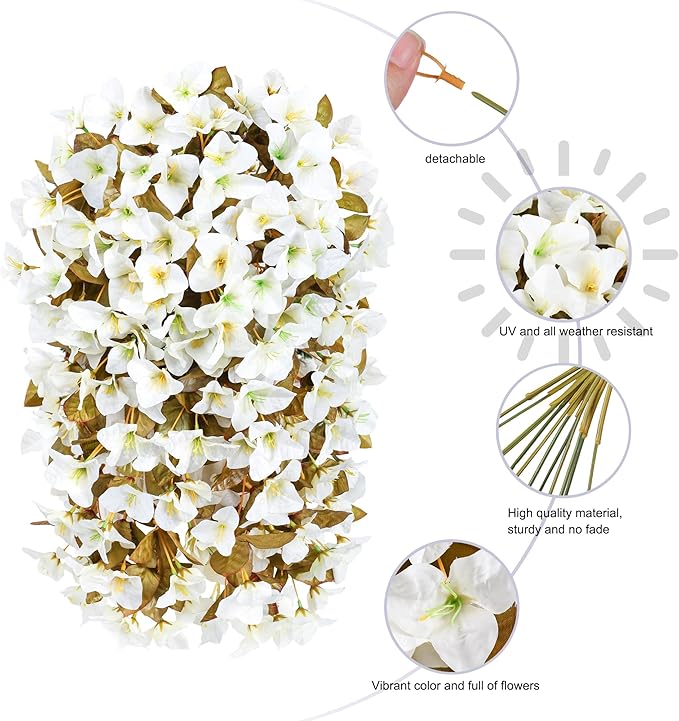 Bougainvillea Artificial Flowers Plants for Outdoors Outside Fall Autumn Decoration, 2 pcs Faux Silk Long Trailing Vines UV Resistant Look Real White Fake Flowers for Front Door Porch Planter Urn Yard-Ruum Studio Home