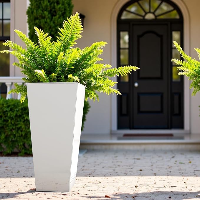 Worth Garden 28" H. Large Metal Glazed Planter Set of 2, Modern Glossy Finish White Tall Square Tapered Steel Flower Plant Pots for Indoor & Outdoor Use - Insert Plate with Drain Holes, Air Vents-Ruum Studio Home