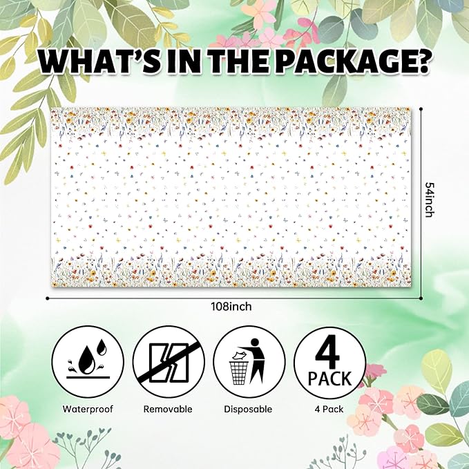 Floral Tablecloth 4 Packs 54x108 Inch - Butterfly Spring Wildflower Plastic Table Cover for Wedding Decorations Easter, Baby in Bloom Showers & Mother's Day Tea Parties Disposable Rectangle Tablecloth-Ruum Studio Home