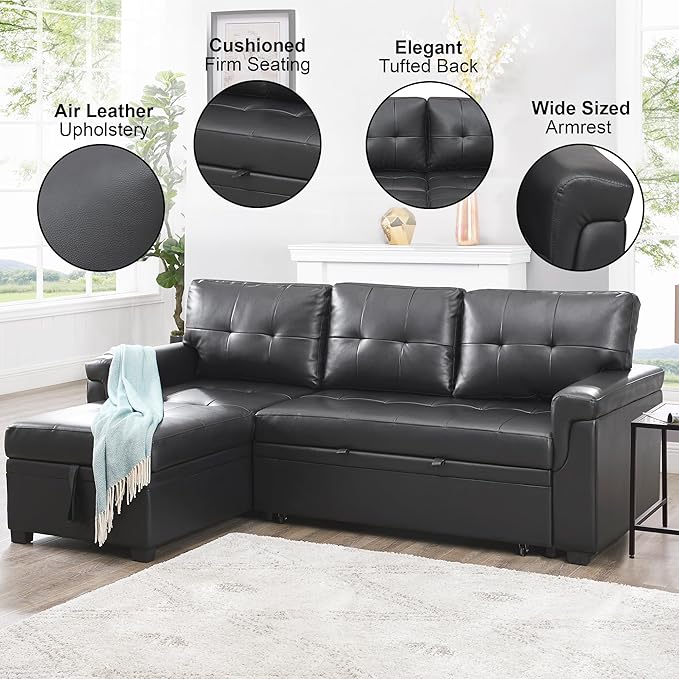 Naomi Home Modern Sectional Sofa with Storage Chaise Black/Air Leather-Ruum Studio Home