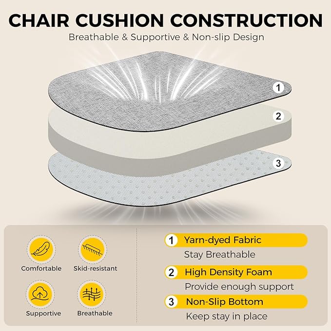 downluxe Indoor Chair Cushions for Dining Chairs, Soft and Comfortable Textured Foam Kitchen Chair Pads with Ties and Non-Slip Backing, 16" x 16" x 2", Light Grey, 4 Pack-Ruum Studio Home