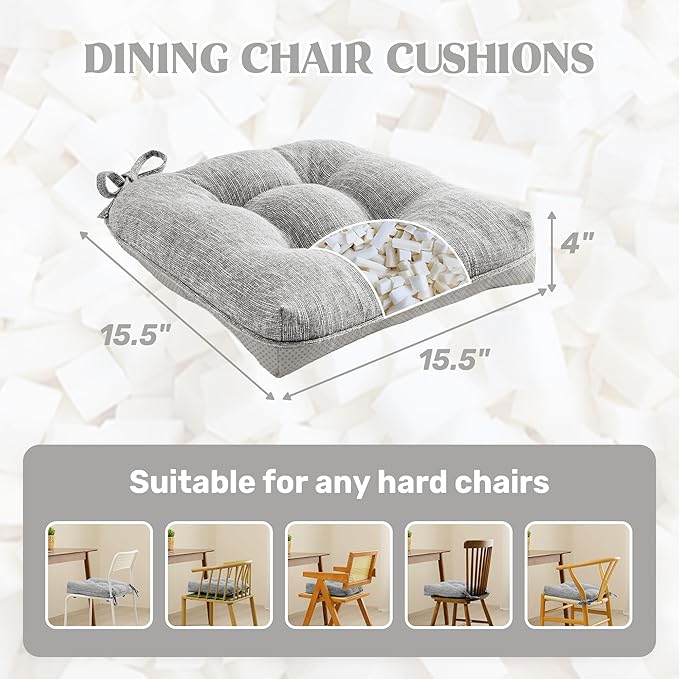 puredown® Chair Cushions for Dining Chairs, Tufted Memory Foam Chair Pads with Non-Slip Backing, Kitchen Seat Cushions with Ties, Washable Seat Pad Set of 4, 15.5" x 15.5" x 4", Light Grey-Ruum Studio Home