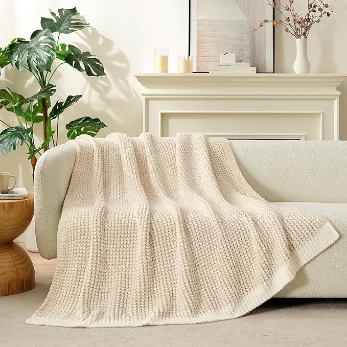Snuggle Sac Cream Waffle Throw Blanket for Couch Bed Sofa 50x60 inches, Reversible Beige Blanket Microfiber Fluffy Fuzzy Cozy Knit Soft Throws for Women Mothers Birthday Gifts-Ruum Studio Home