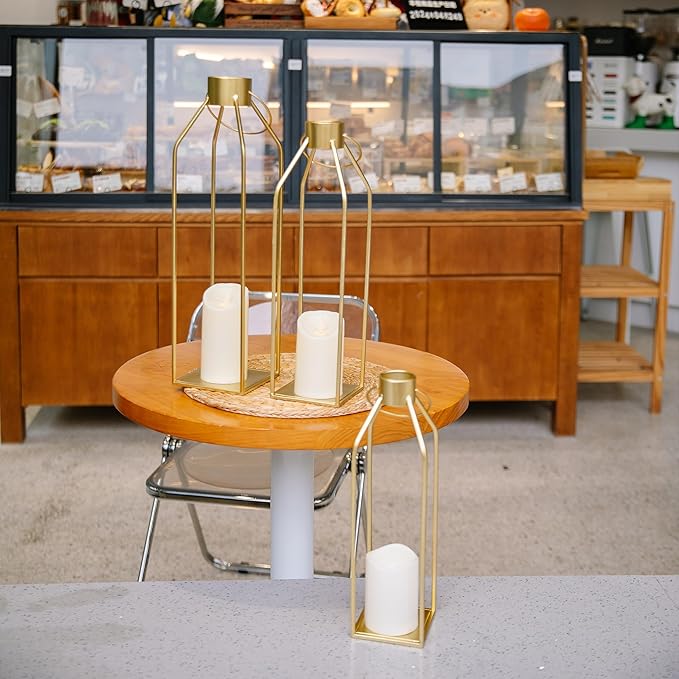 HPC Decor Modern Farmhouse Lantern - 22'' 19'' Large Tall Gold Metal Candle Lanterns with Timer Flickering Candles for Living Room, Outdoor, Fireplace Mantle Decor-Ruum Studio Home