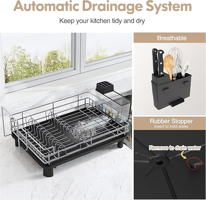 BOOSINY Stainless Steel Dish Drainers Drying Rack for Kitchen Counter with Automatic Drainage, 1 Tier Rust Proof Metal, Space Saving, Modern Aesthetic, Compact Plates Strainers,Gray-Ruum Studio Home
